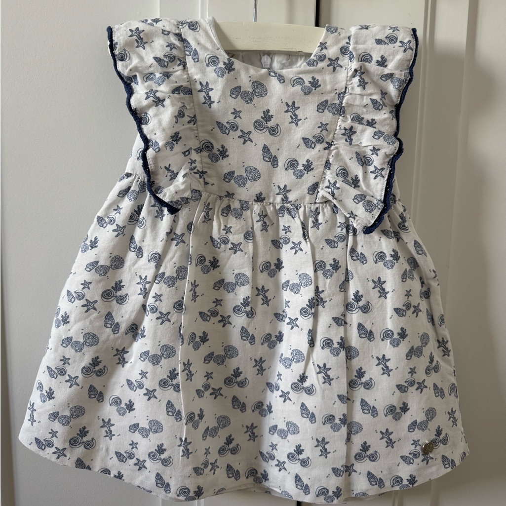 Seashell Ruffle Sleeve Kids Dress - White And Blue